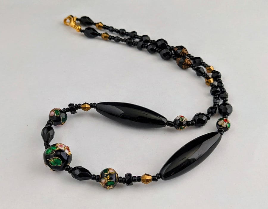 Black cloisonne and glass bead necklace - 1002681