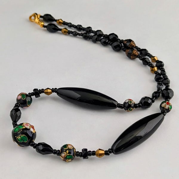 Black cloisonne and glass bead necklace - 1002681