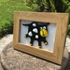 Quirky and fun 3 dimensional glass cow picture in wood frame 
