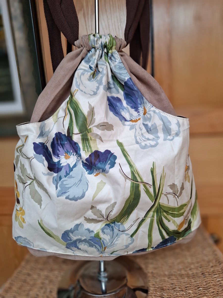 Taupe faux suede drawstring backpack