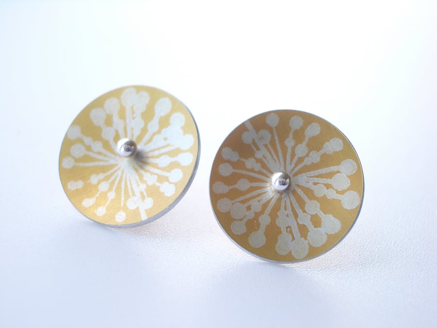 Yellow and silver circle studs with allium print. Perfectly Imperfect