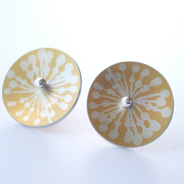 Yellow and silver circle studs with allium print. Perfectly Imperfect