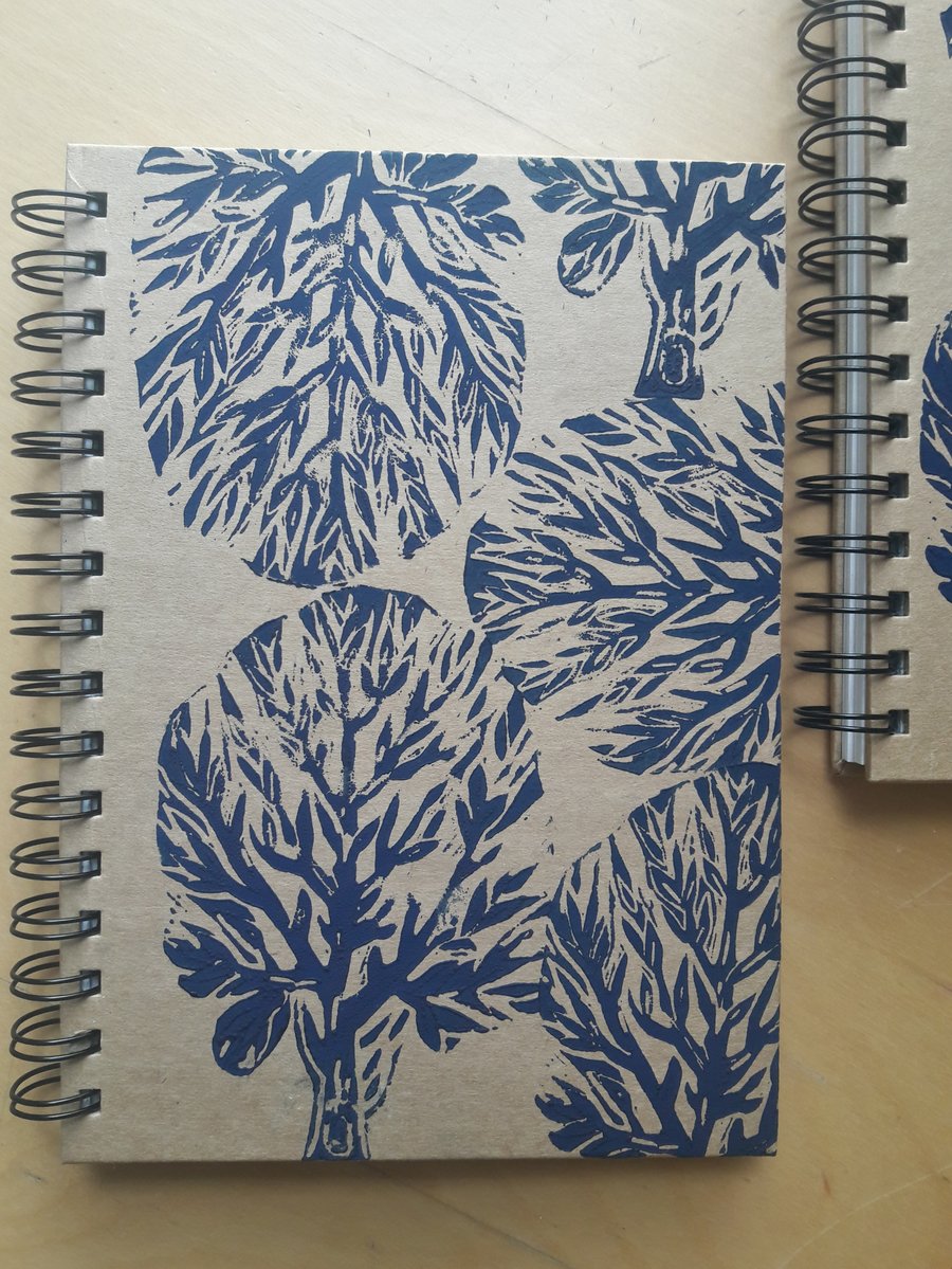 A5 Tree Print Spiral Notebook. Linocut Lined Journal.