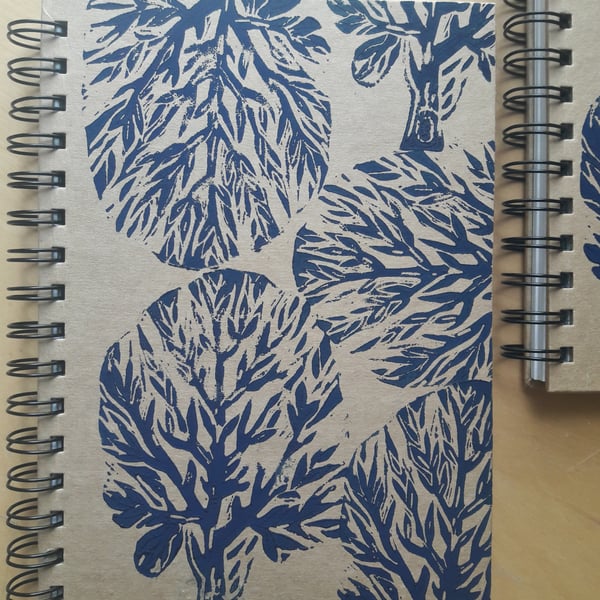 A5 Tree Print Spiral Notebook. Linocut Lined Journal.