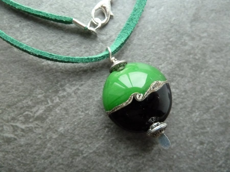 faux suede necklace, green and black pendant