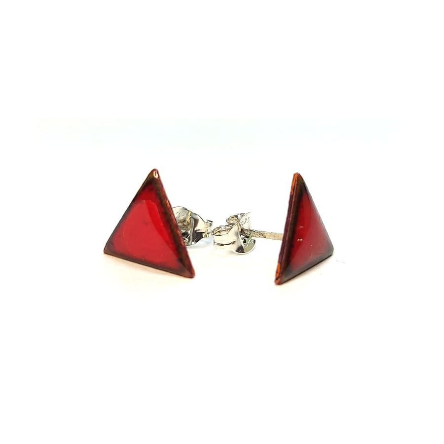 Colourful red enamel triangle stud earrings