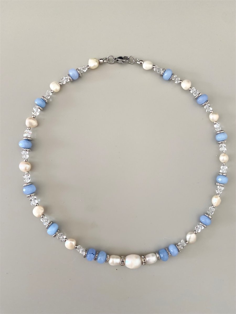 Blue Natural Stone & Freshwater Pearl Necklace – Handmade Jewelry