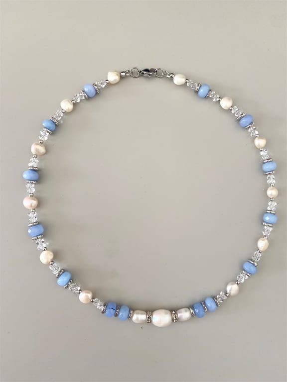 Blue Natural Stone & Freshwater Pearl Necklace – Handmade Jewelry