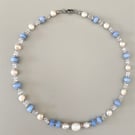 Blue Natural Stone & Freshwater Pearl Necklace – Handmade Jewelry