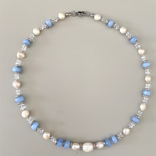 Blue Natural Stone & Freshwater Pearl Necklace – Handmade Jewelry