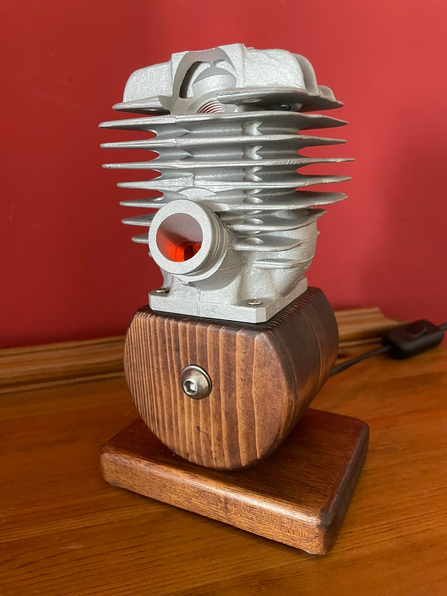 Engine Table Lamp, with Chainsaw Cylinder Lit Internally by Flame Effect Bulb