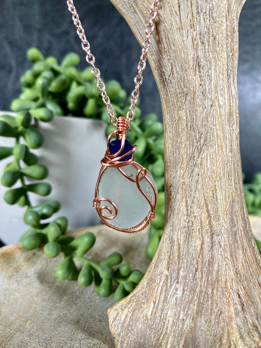 Handmade sea glass jewelery wire wrapped sea glass necklace 18inch