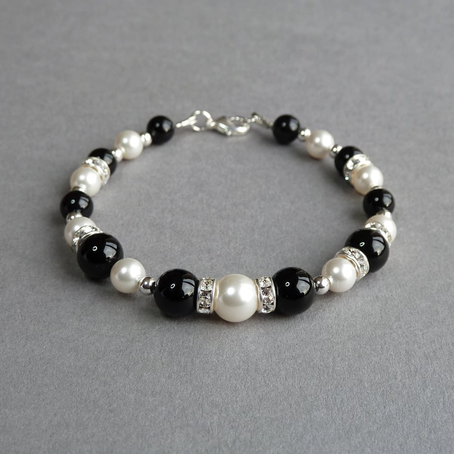 Jet Black and Ivory Bracelet - Onyx, Pearl and Crystal Bridesmaids Jewellery
