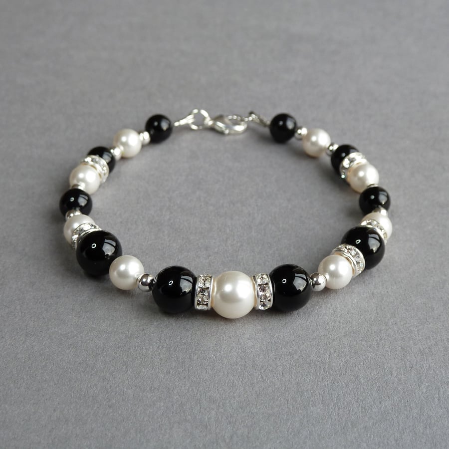 Jet Black and White Bracelet - Onyx, Pearl and Crystal Bridesmaids Jewellery