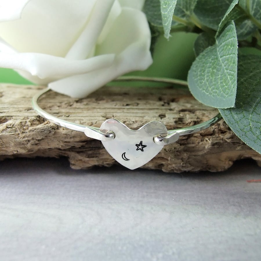 Silver Bangle. Bracelet with Centre Heart Stamp Folksy