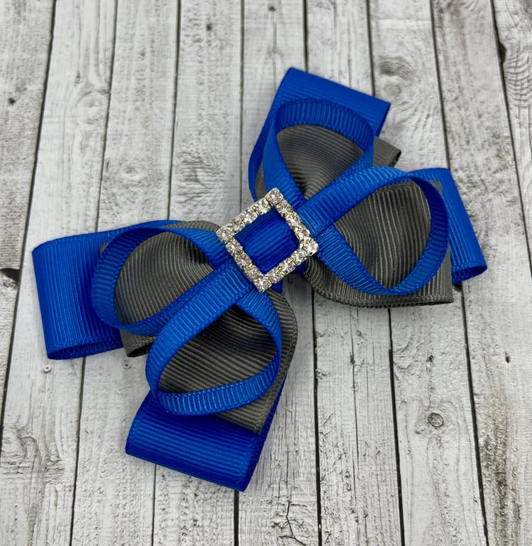 Royal Blue and Grey Double Layer Bow with Royal Blue Loops on Clip