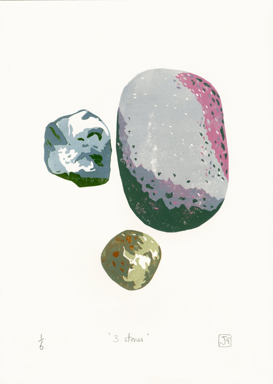 Three Stones A4 10-colour reduction linocut print