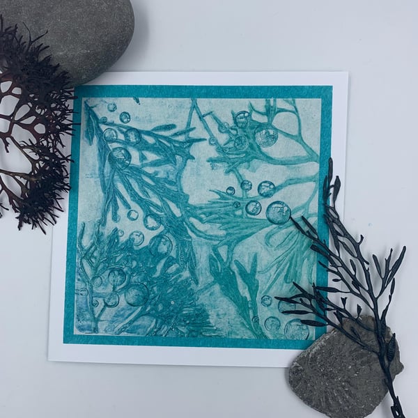 Original gelli print seaweed greetings card.