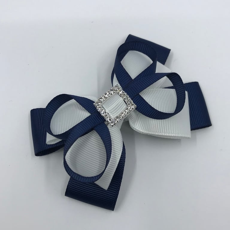 Navy and White Double Layer Bow with Navy Loops on Clip