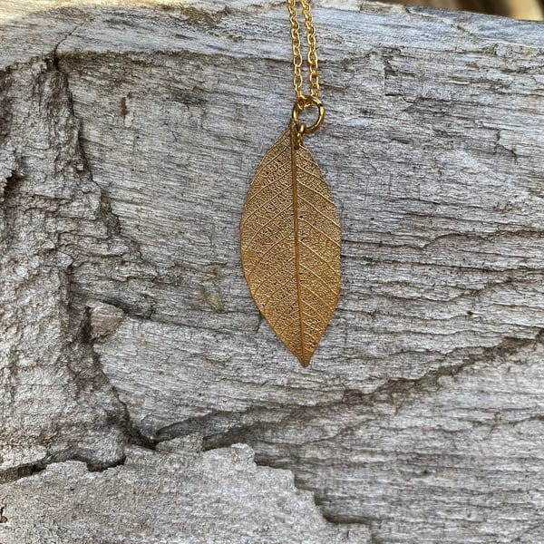 Skeleton leaf pendant, Gold leaf electroform 65