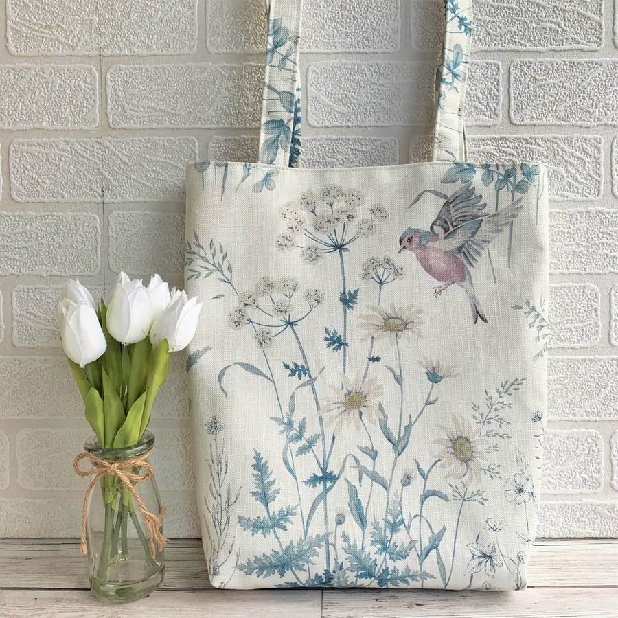 Pastel tote bag with Chaffinch in wild flower meadow