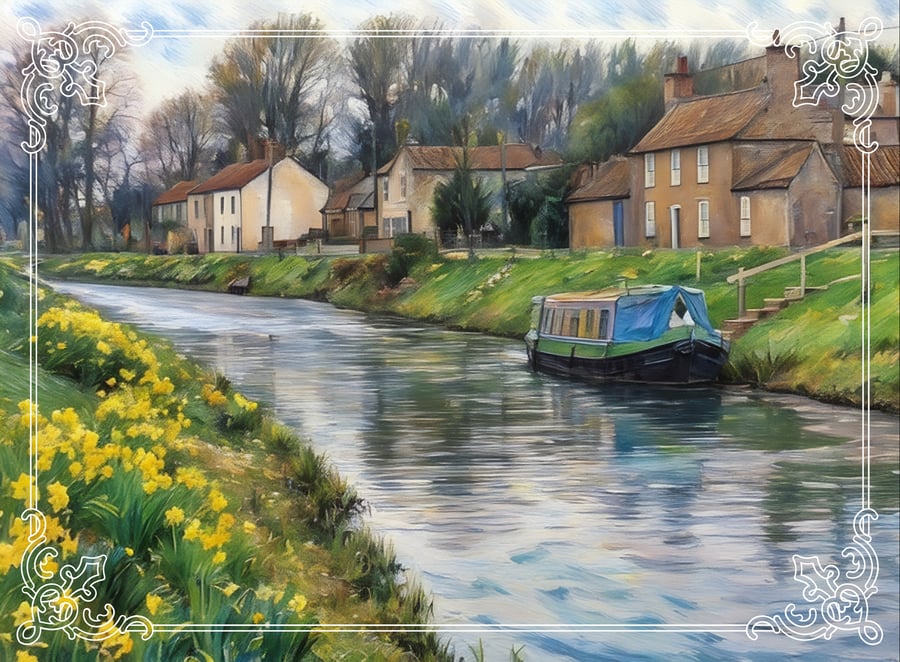 Narrow Boat In spring A5 Greeting Card Norfolk 