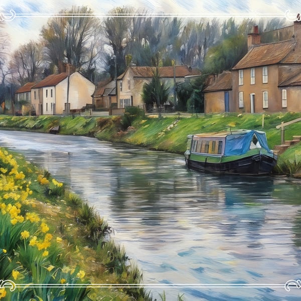 Narrow Boat In spring A5 Greeting Card Norfolk 