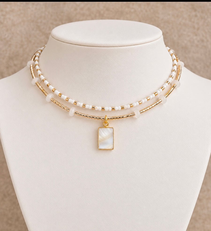 White Glass Bead Necklace Abalone Pendant – Double Layer Gold-Tone Choker