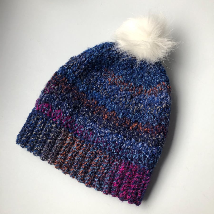Marble Bobble Hat, Faux Fur Pom, Pompom Woolly Hat. Warm Winter Hat, Varigated C
