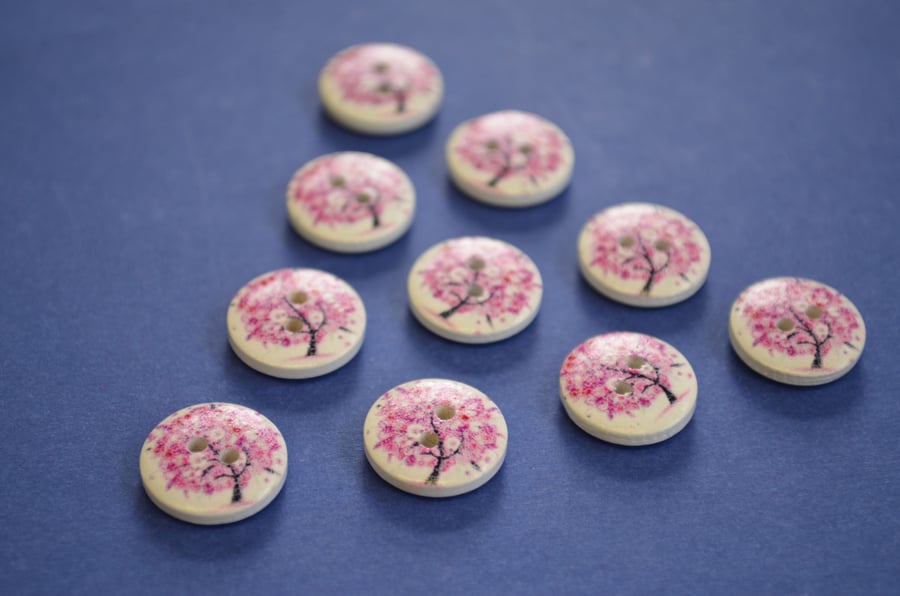 15mm Wooden Tree Blossom Buttons Pink White 10pk Leaves (ST10)