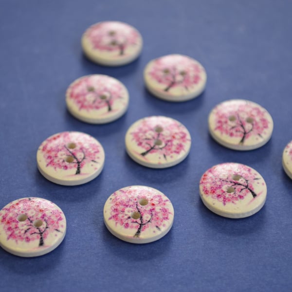 15mm Wooden Tree Blossom Buttons Pink White 10pk Leaves (ST10)