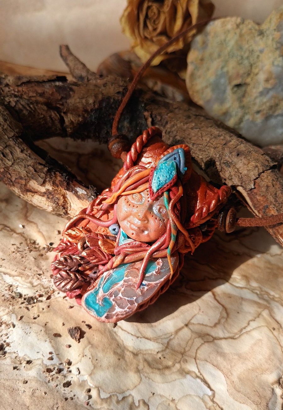 Goddess Necklace, Copper Goddess Pendant, handcrafted polymer clay