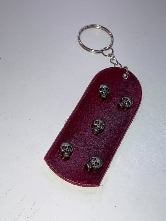 Red dyed Leather Keyring on chain with 5 Mini Skull heads