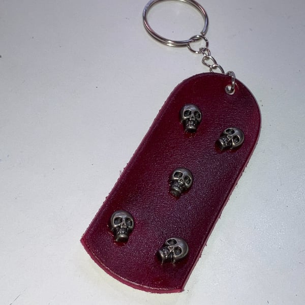 Red dyed Leather Keyring on chain with 5 Mini Skull heads