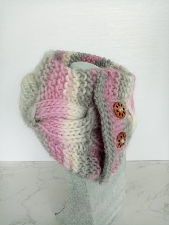 Pure Norwegian Viking Wool Cable Knit Neck Warmer in Misty Pink, Handmade Scarf