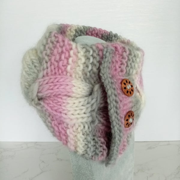 Pure Norwegian Viking Wool Cable Knit Neck Warmer in Misty Pink, Handmade Scarf