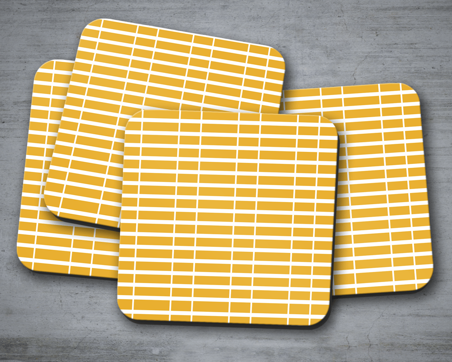 Set of 4 Yellow Coasters with a White Striped Geometric Design, Drinks Mat