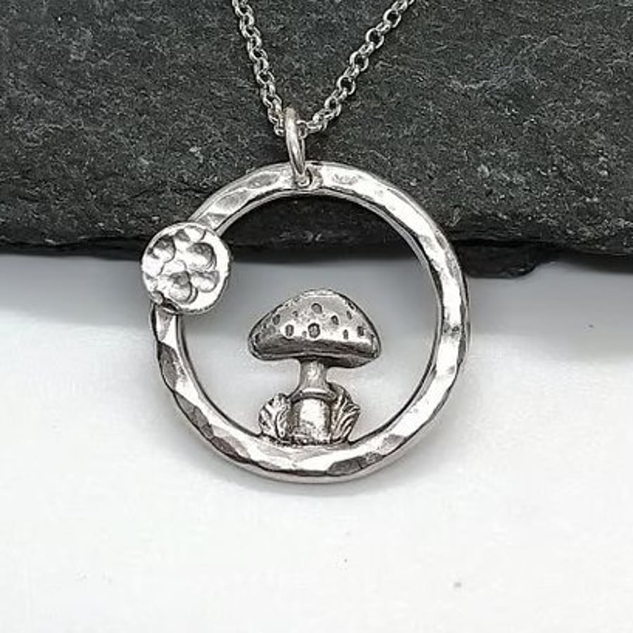 Mushroom pendant sterling silver circle necklace full moon