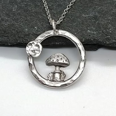 Mushroom pendant sterling silver circle necklace full moon