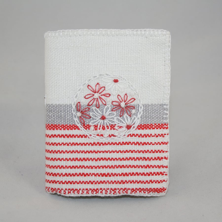 SALE Red and white needle book from recycled linen.