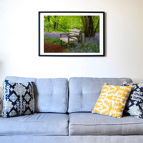 Bluebell woodland seat print – rustic spring countryside wall art
