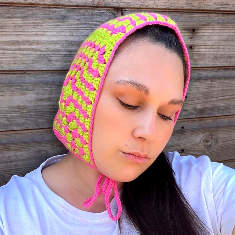 Handmade Granny Square Crochet Bonnet Neon Pink and Green Retro Style Balaclava