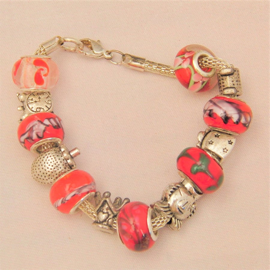 SALE - Red Lampwork Bead Bracelet with Silver Charms on a Silver Snake Chain
