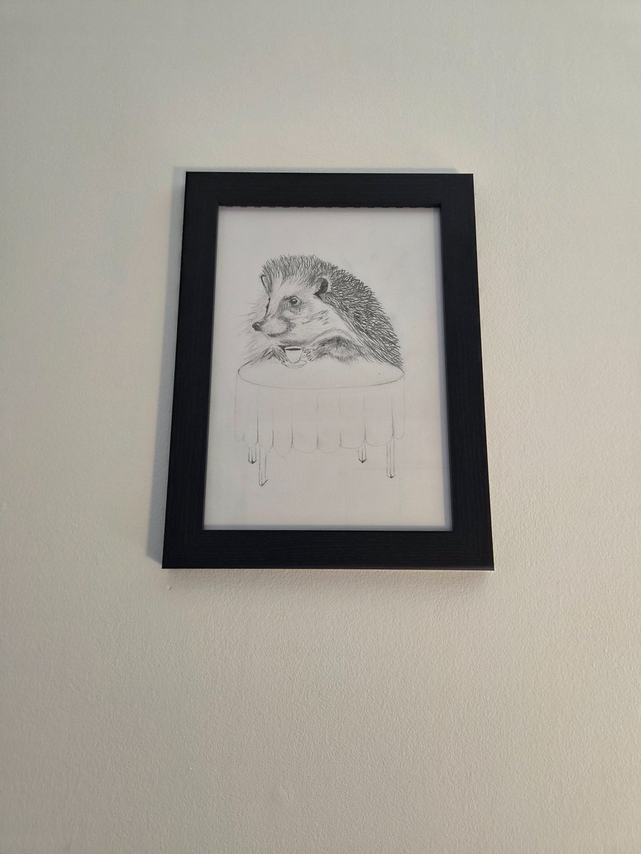 Original hand-drawn Hedgehog Portrait - Hedgehog drinking Tea
