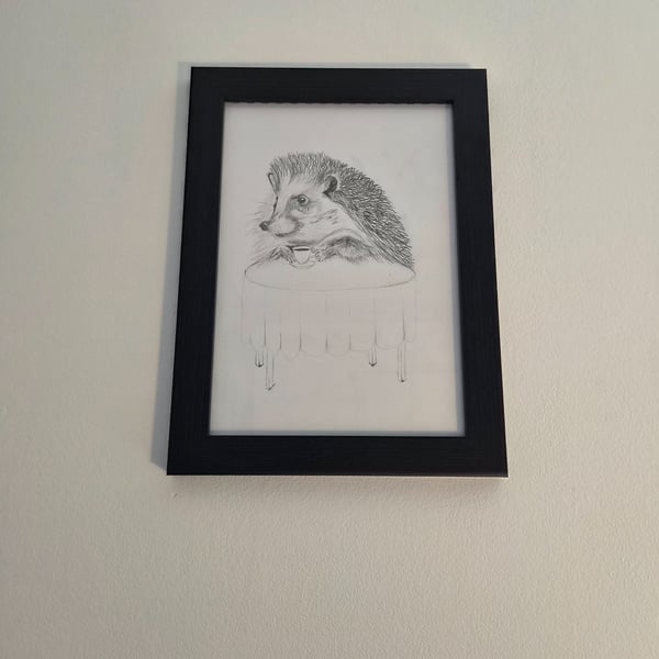 Original hand-drawn Hedgehog Portrait - Hedgehog drinking Tea