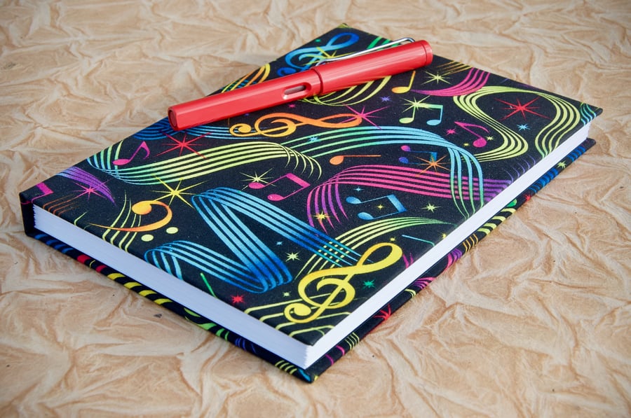 A5 Hardback Music Manuscript Notebook with bright music fabric cover