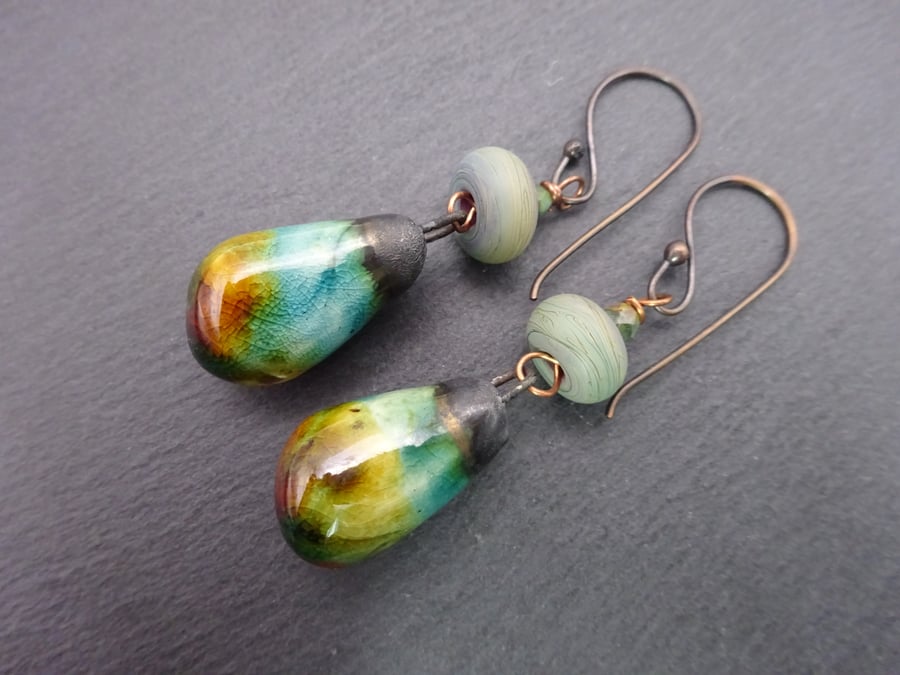 Copper earrings, green ceramic drop