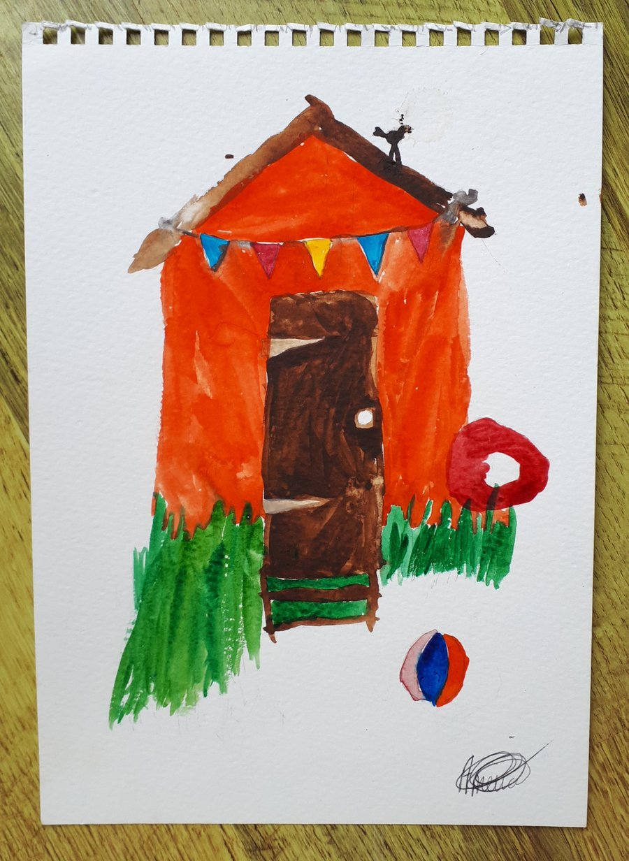 Fun day at the beach hut. Original Watercolour Painting 