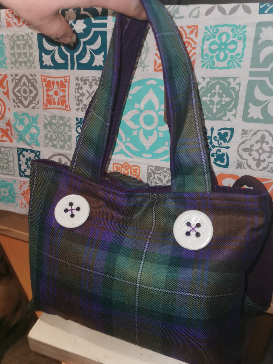 Isle of Skye tartan handbag with a Raku fired button