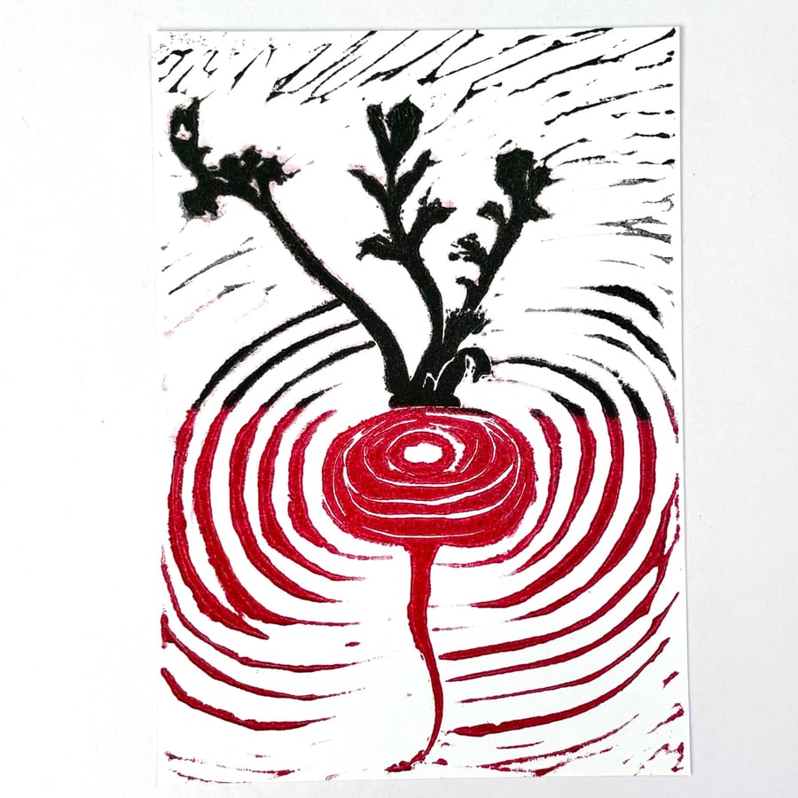 Red Radish Lino Print, A6 Size
